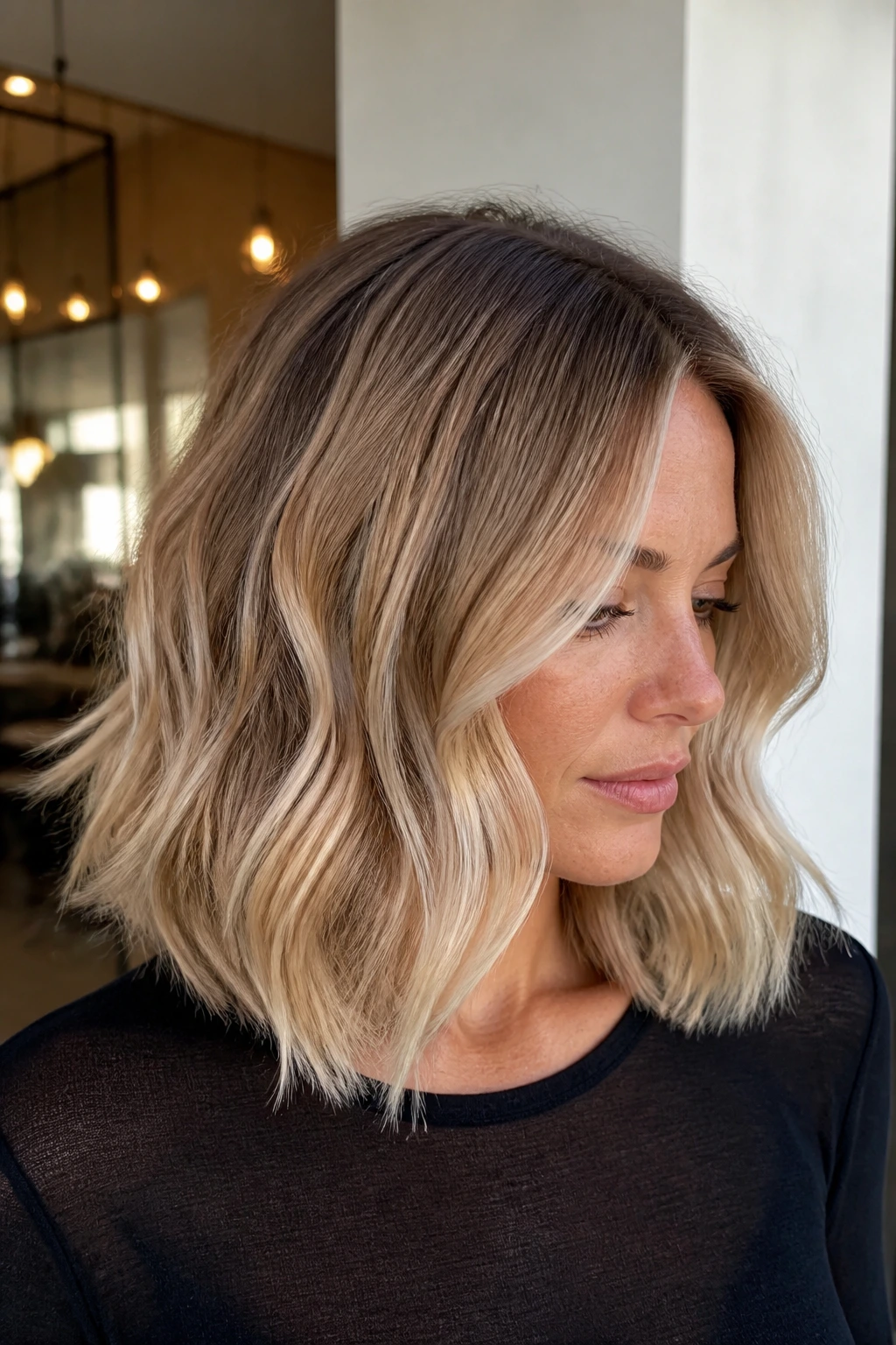 Close-up of shoulder-length champagne blonde with a root melt