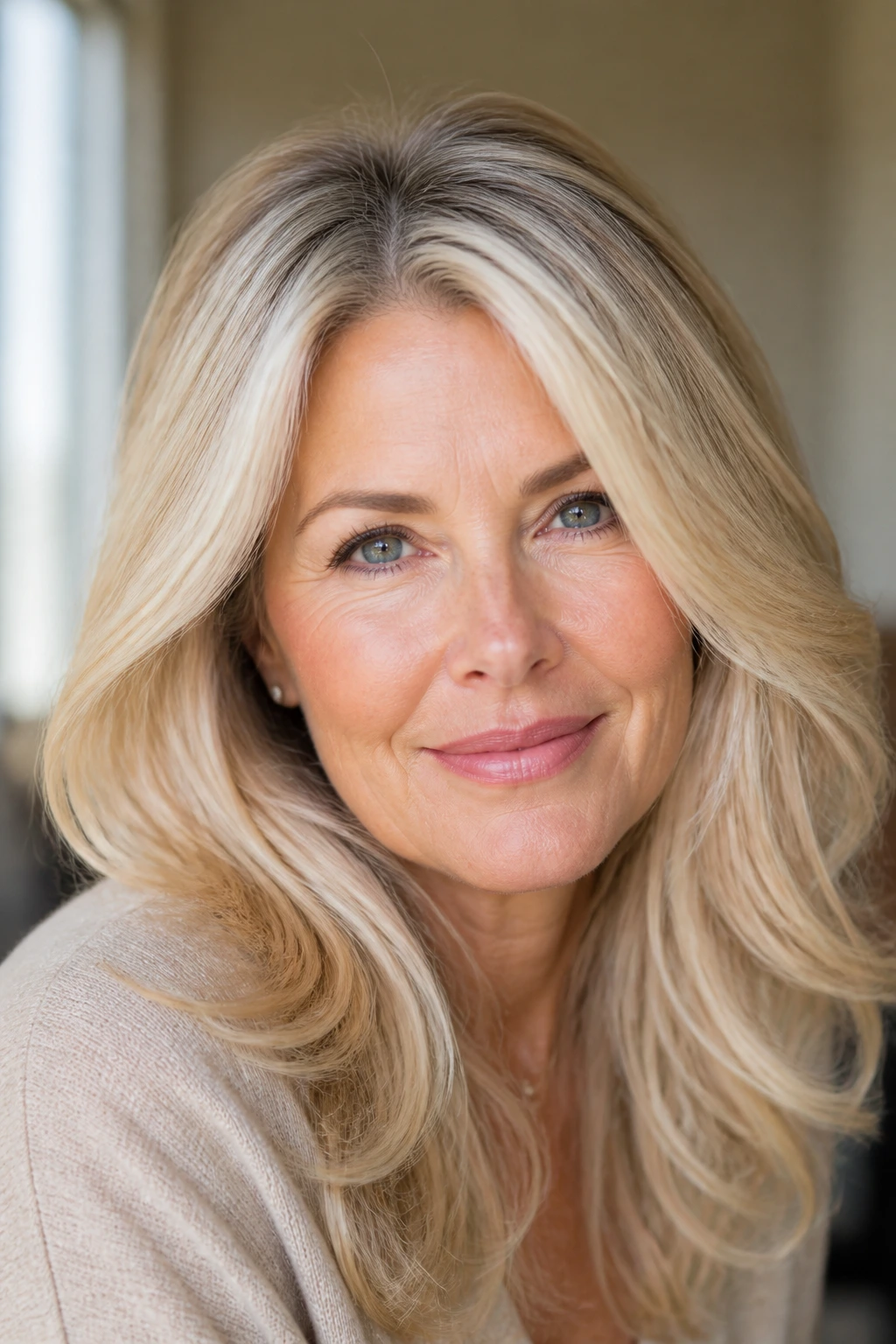 Close-up of champagne blonde hair with a soft root shadow on a real woman