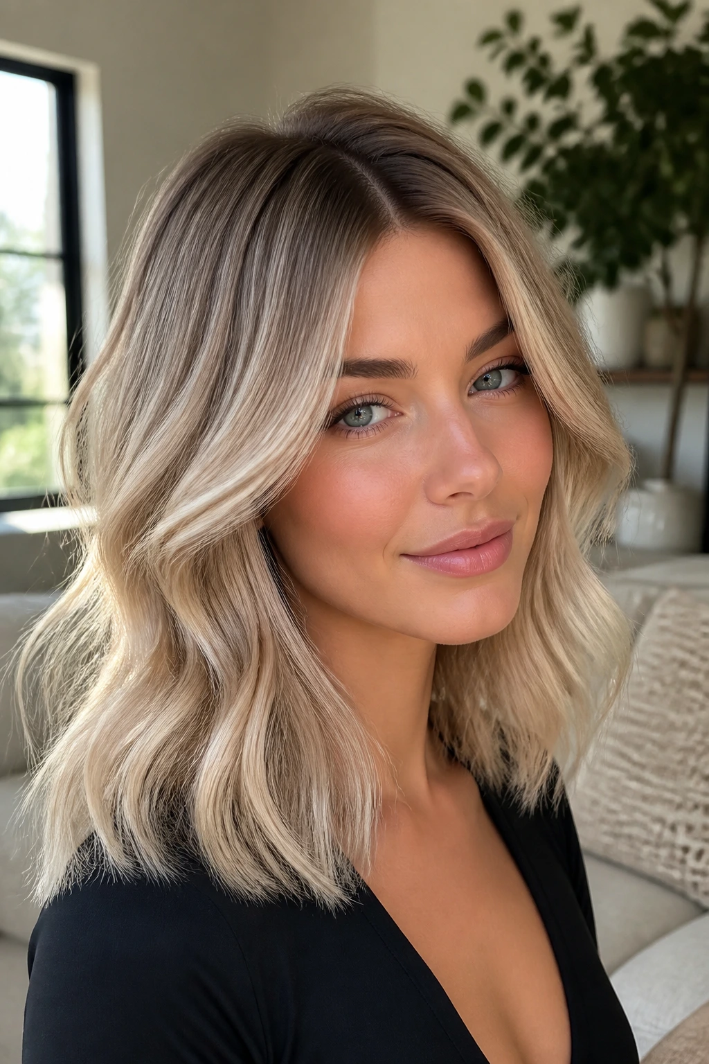 Close-up of a real woman with champagne blonde and a root smudge