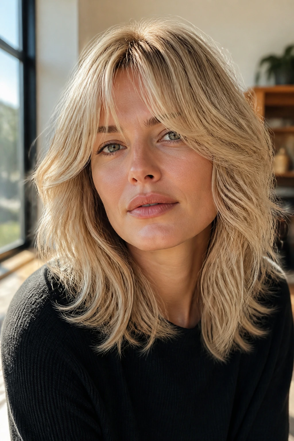 Close-up of a real woman with a champagne blonde shag featuring feathered layers framing the face