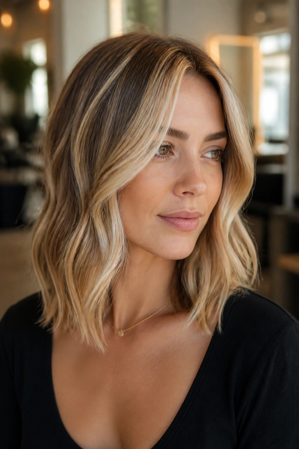 Close-up of a real person with champagne blonde slices on shoulder-length hair