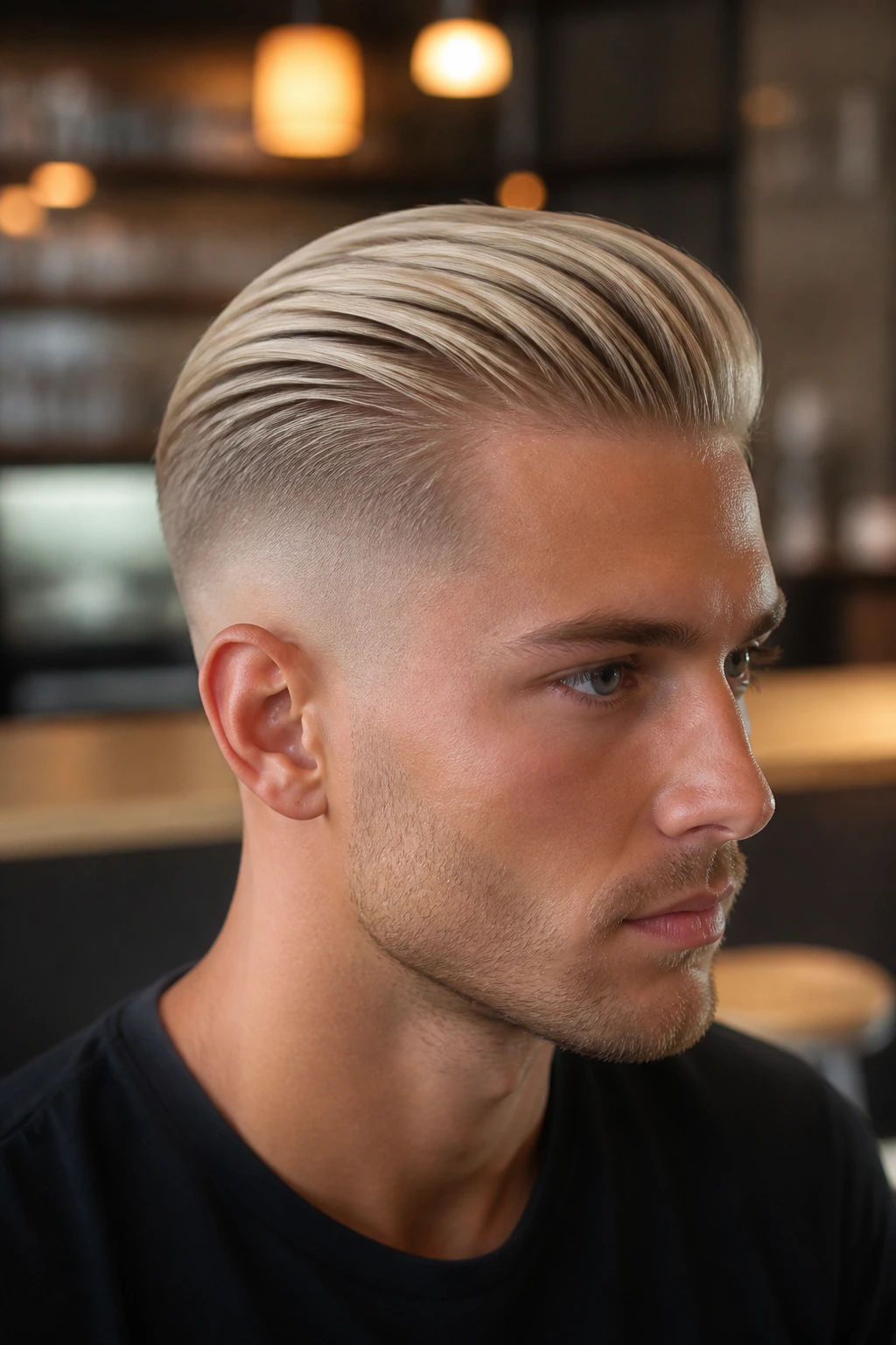 Portrait of a real person with champagne blonde slick back fade and back-swept top