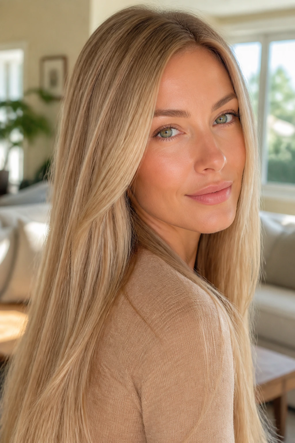 Close-up portrait of a real woman with champagne beige blonde hair and soft golden glow