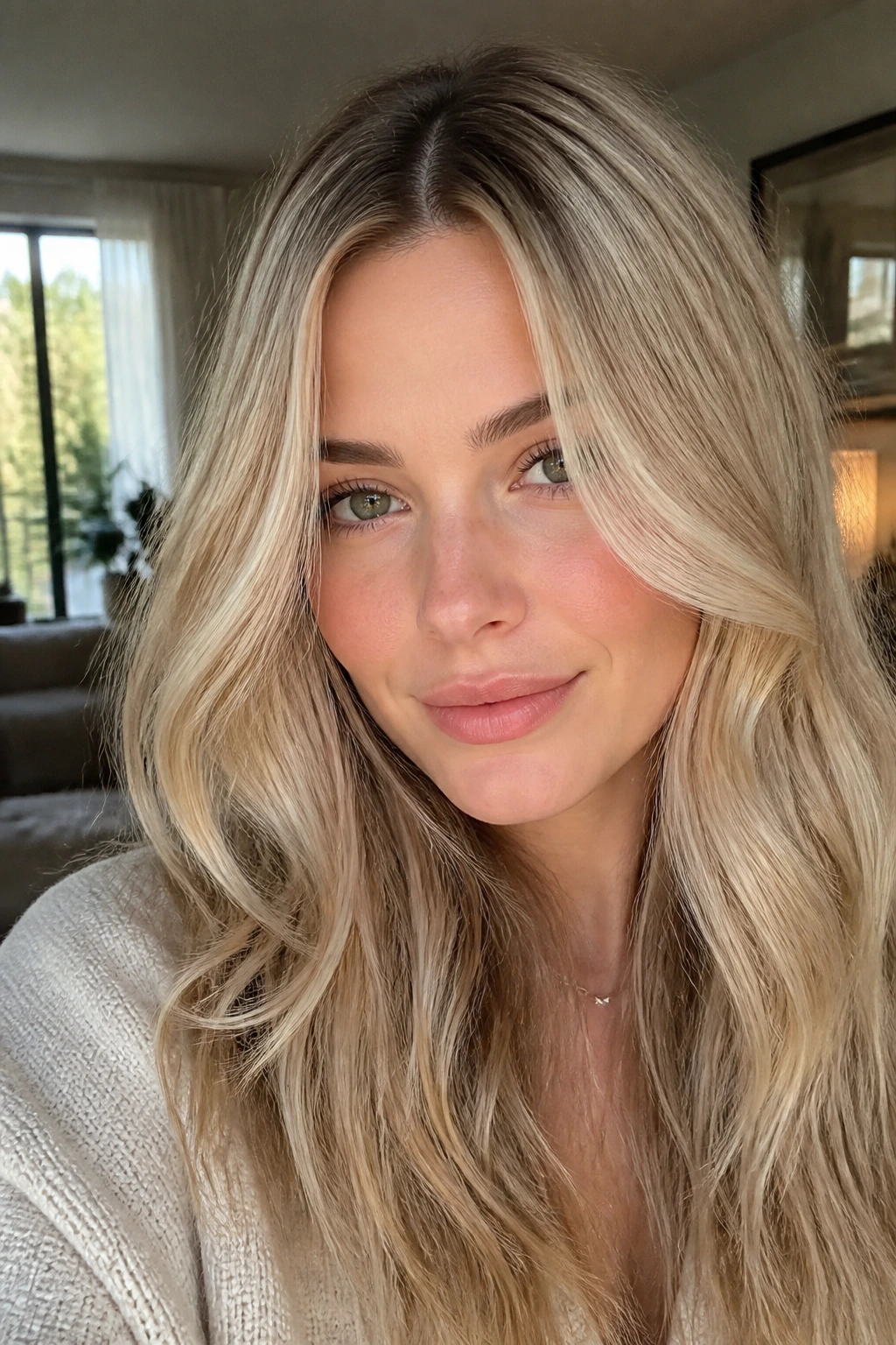 Champagne blonde softness with depth and subtle root shadow