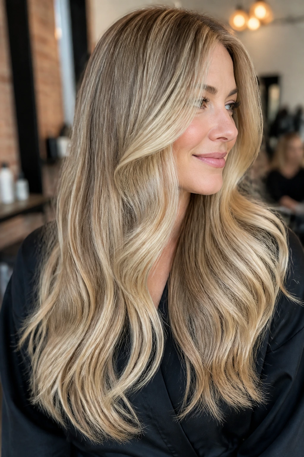 Thick hair with soft dimension in champagne blonde