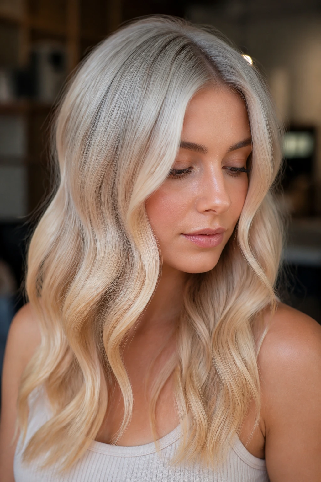 Close-up of champagne blonde hair showing pearl-to-gold variation on a real person