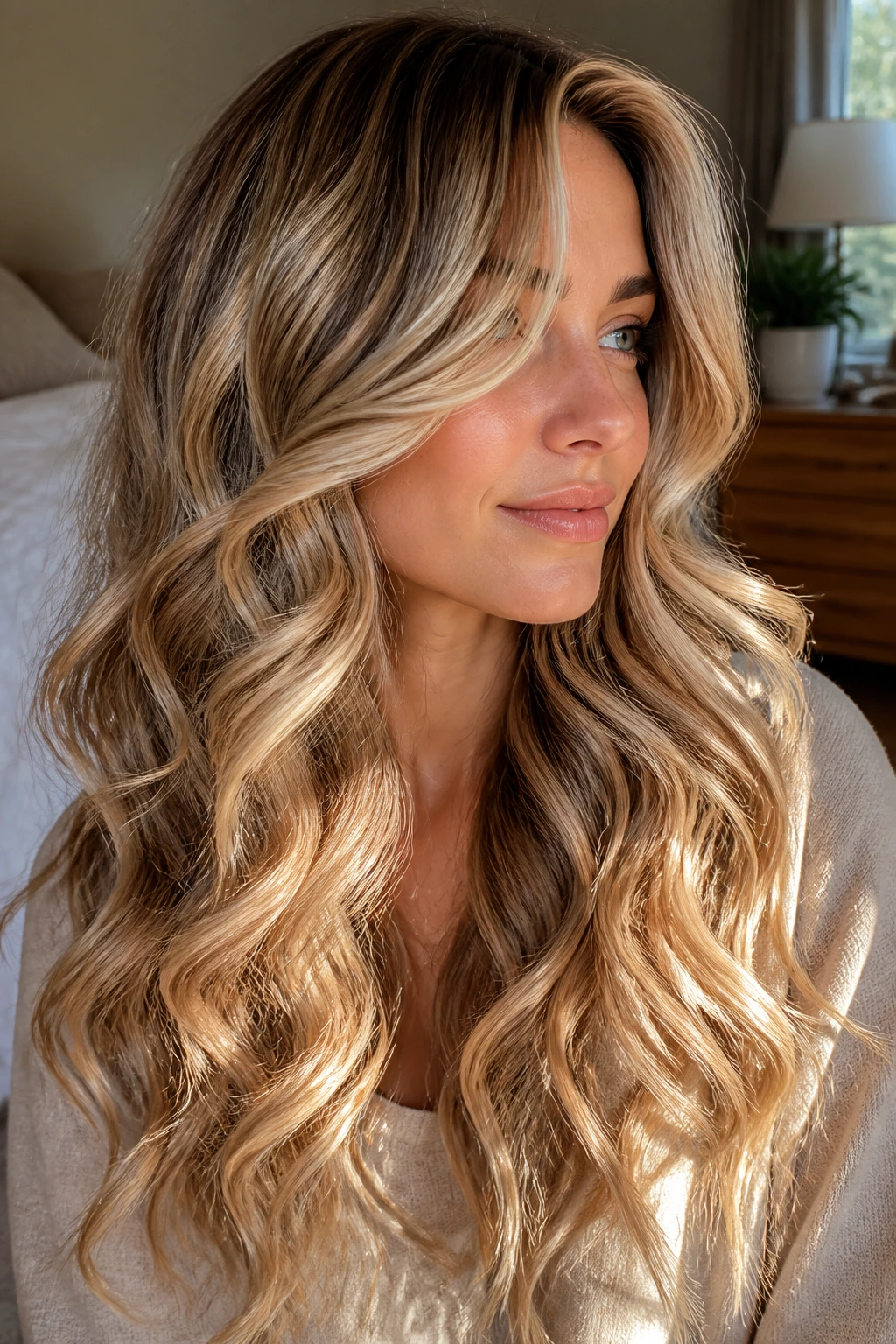 Close-up of a real person with champagne blonde highlights in long waves under warm window light