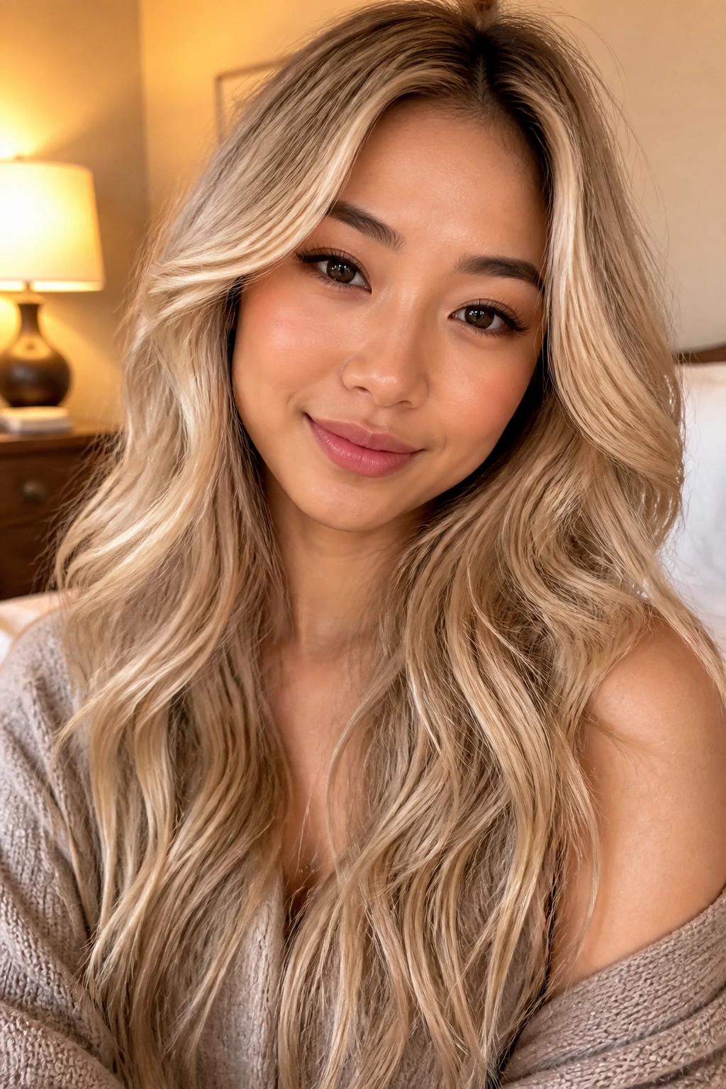 Portrait of a woman with champagne blonde waves