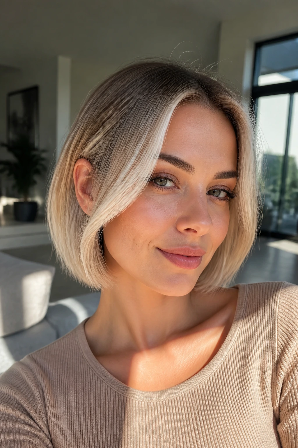 Close-up of a real woman with champagne bob and face-framing money piece in natural window light