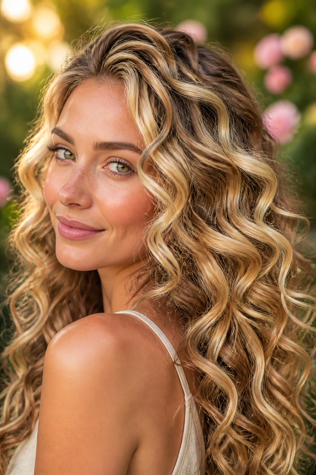 Close-up of a real woman with champagne blonde curls and ribbon highlights