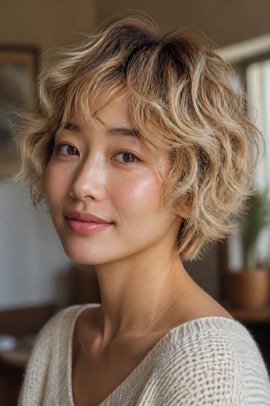 Close-up portrait of a real woman with champagne blonde curls on a short shag.