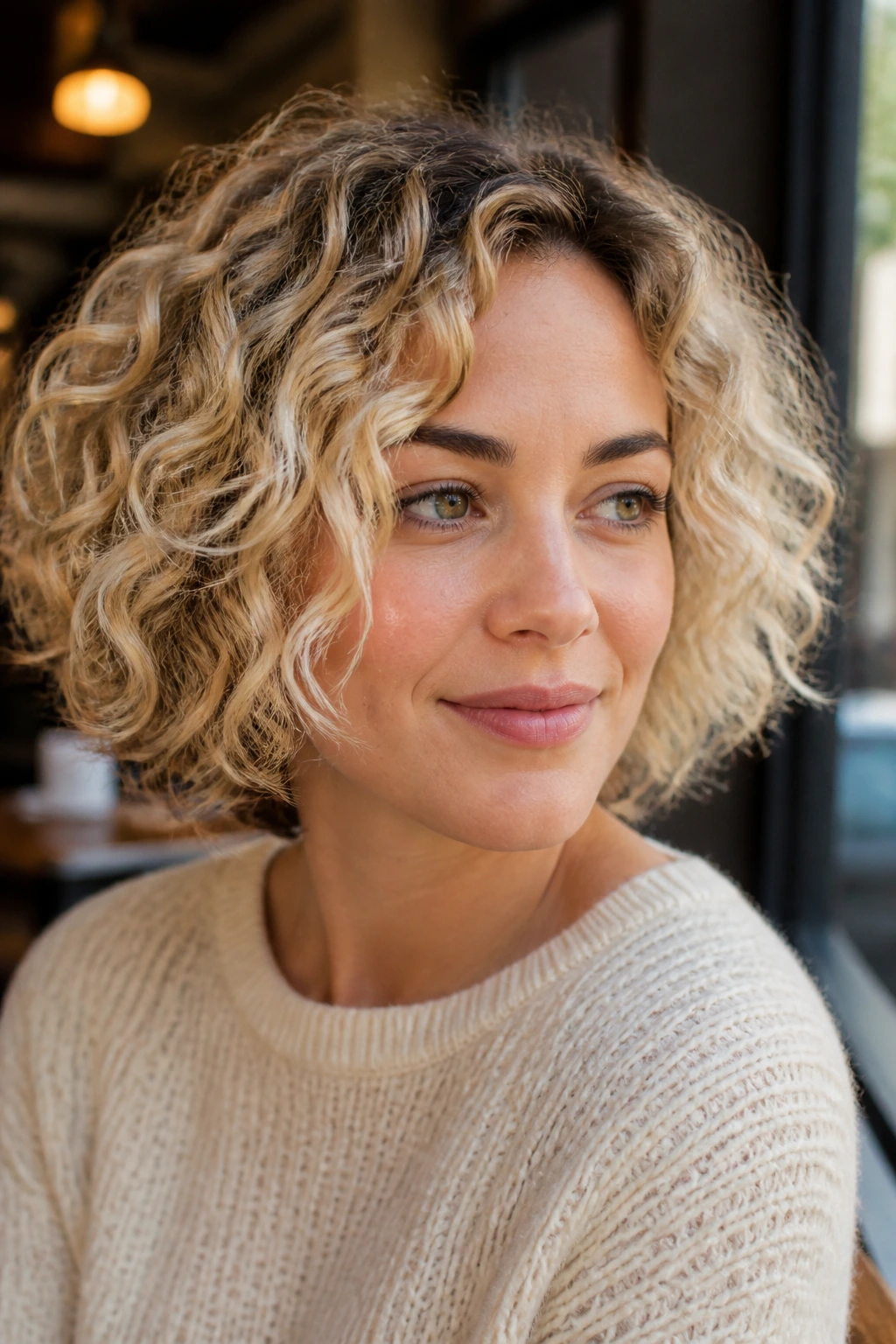 Real woman with champagne curly bob under warm window light