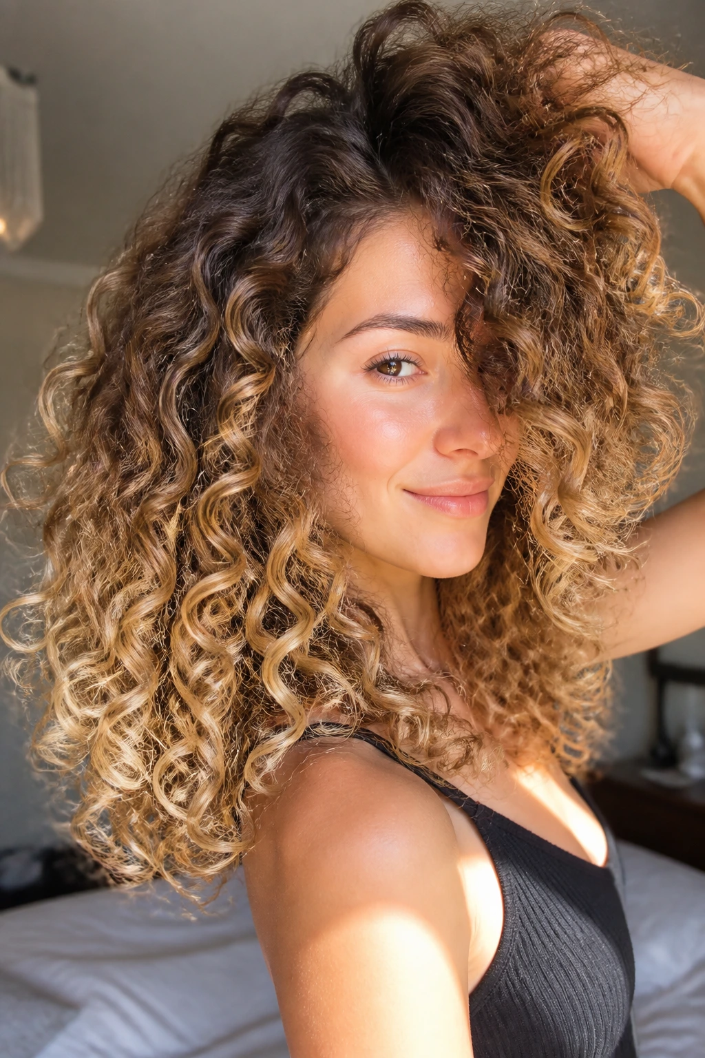 Close-up of curly hair with champagne pop ends and darker roots in natural light