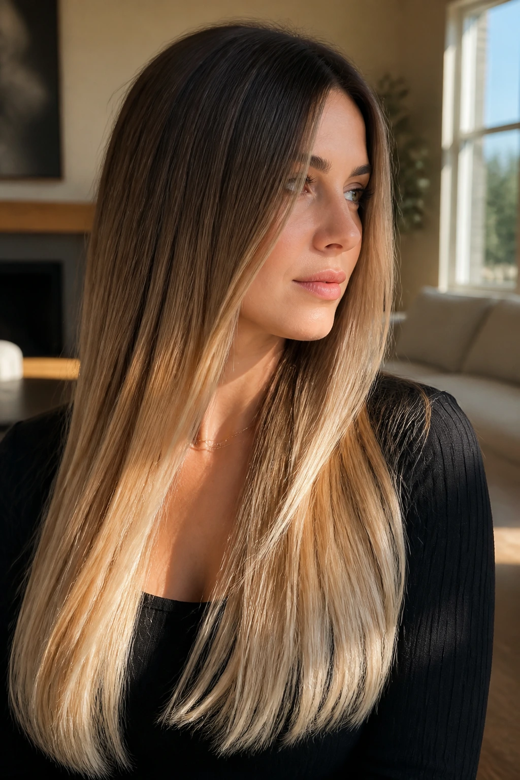 Close-up of long straight hair with champagne ends and root shadow in sunlit room