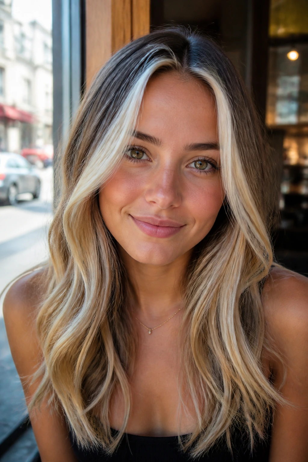 Close-up of a real woman with champagne face-frame highlights.