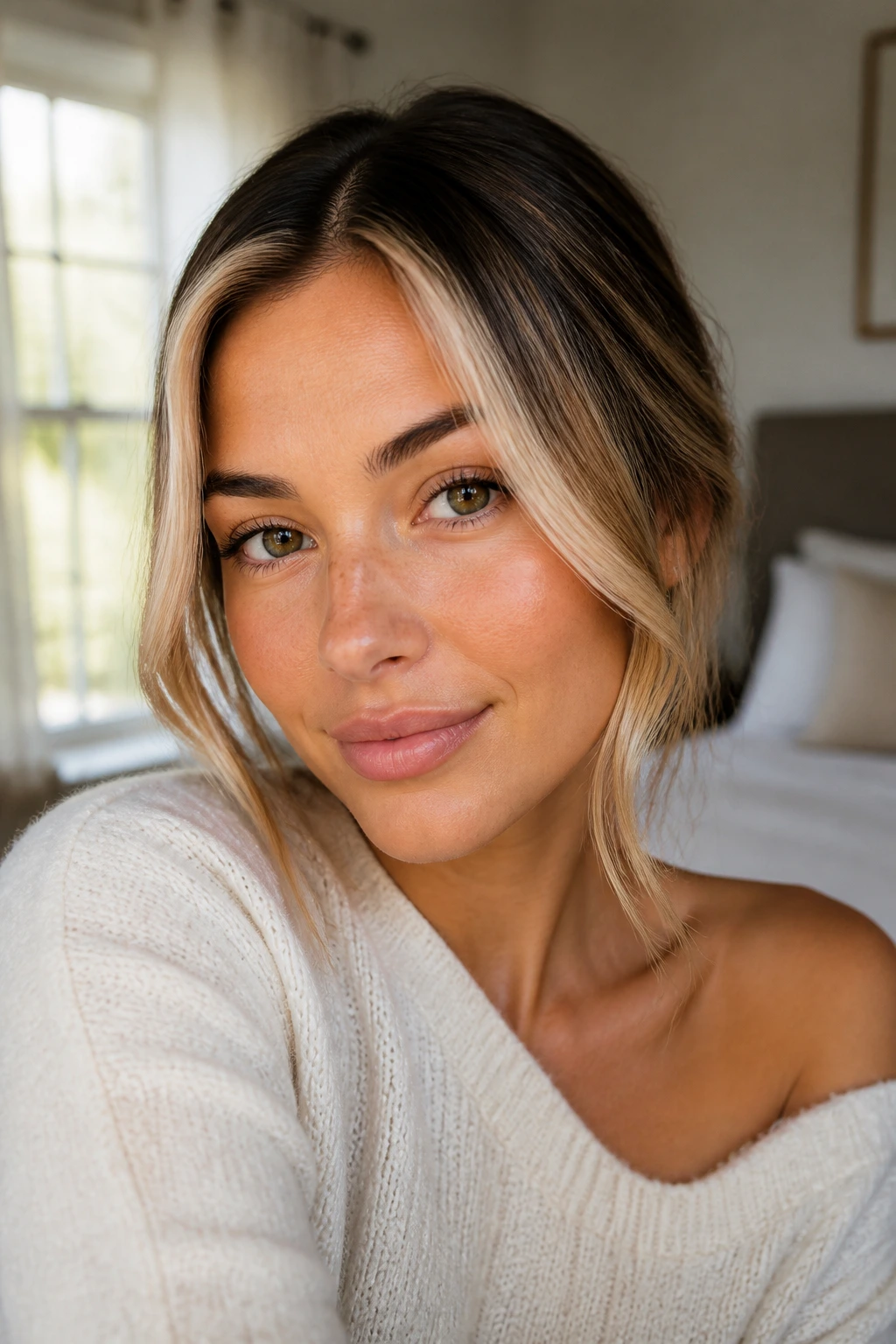 Close-up portrait of a woman showing champagne face-framing highlights
