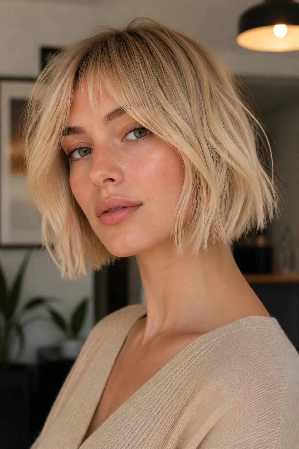 Real woman with champagne French bob and shattered tips
