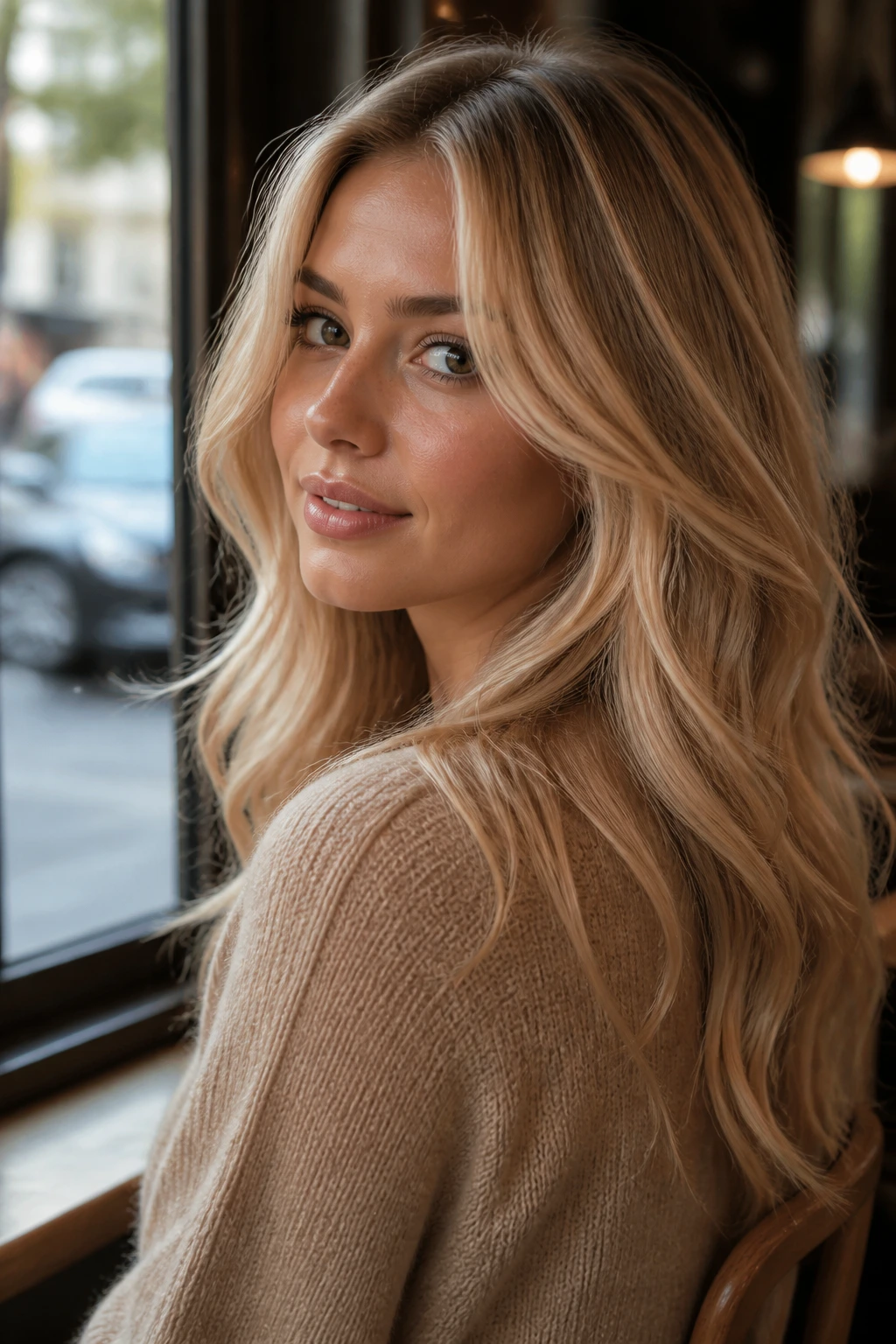 Close-up of a real person with Champagne Gold Blonde hair in a warm setting