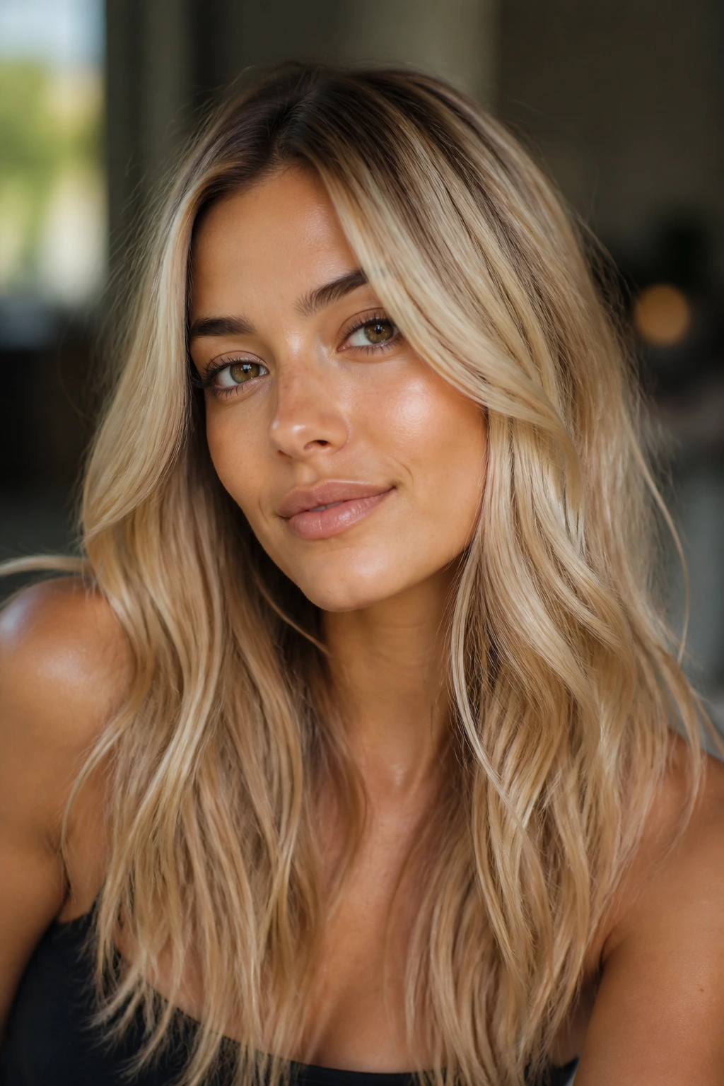 Close-up portrait of a real woman with champagne gold blonde hair in warm window light
