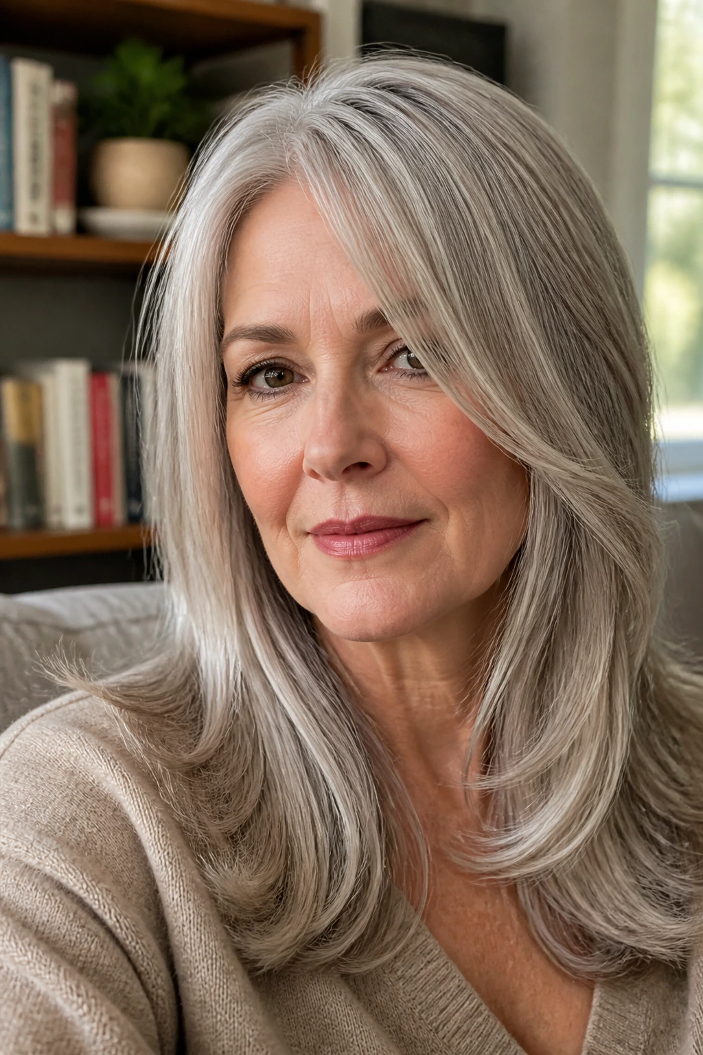 Close-up portrait of a real woman with champagne gray blend hair in soft daylight