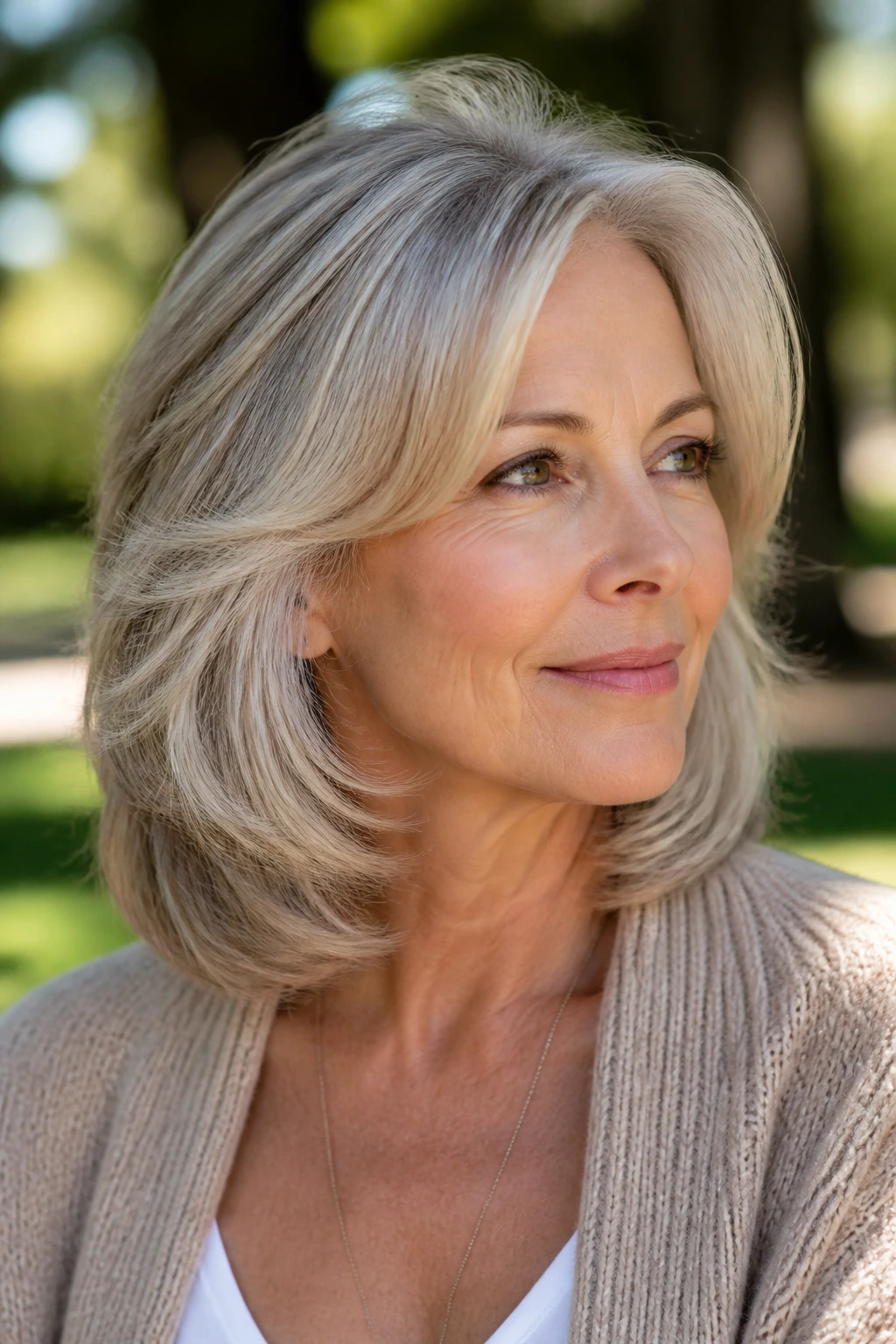 Close-up portrait of an older woman with champagne-gray layered hair