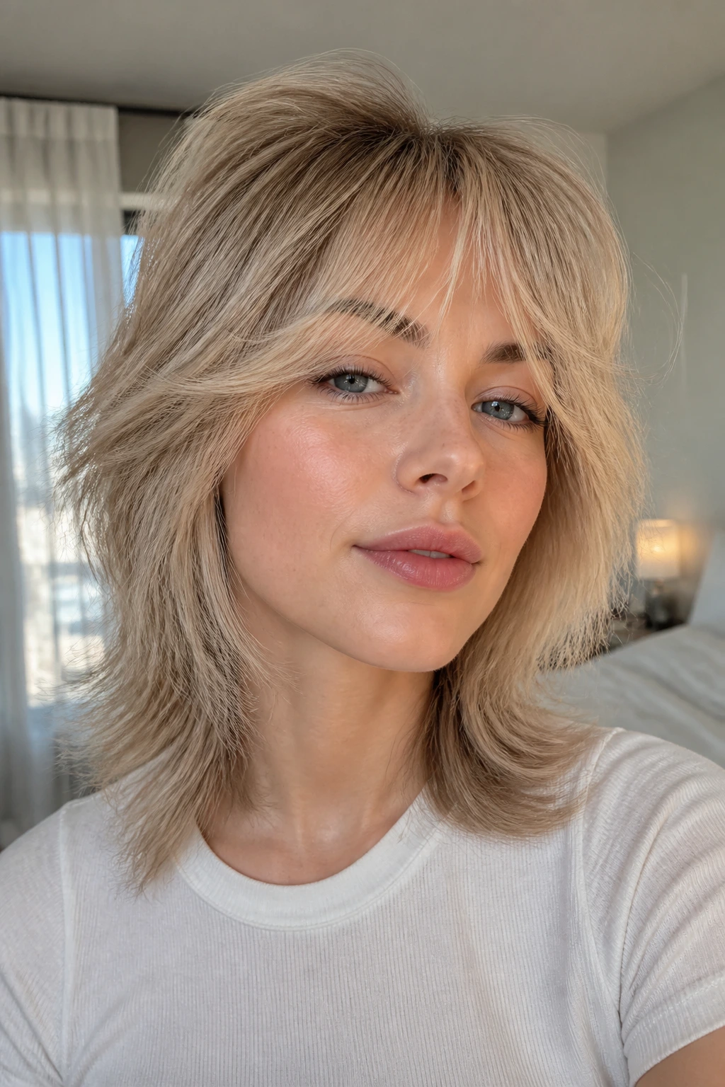 Close-up of a real woman with a champagne blonde wolf cut and airy ends.