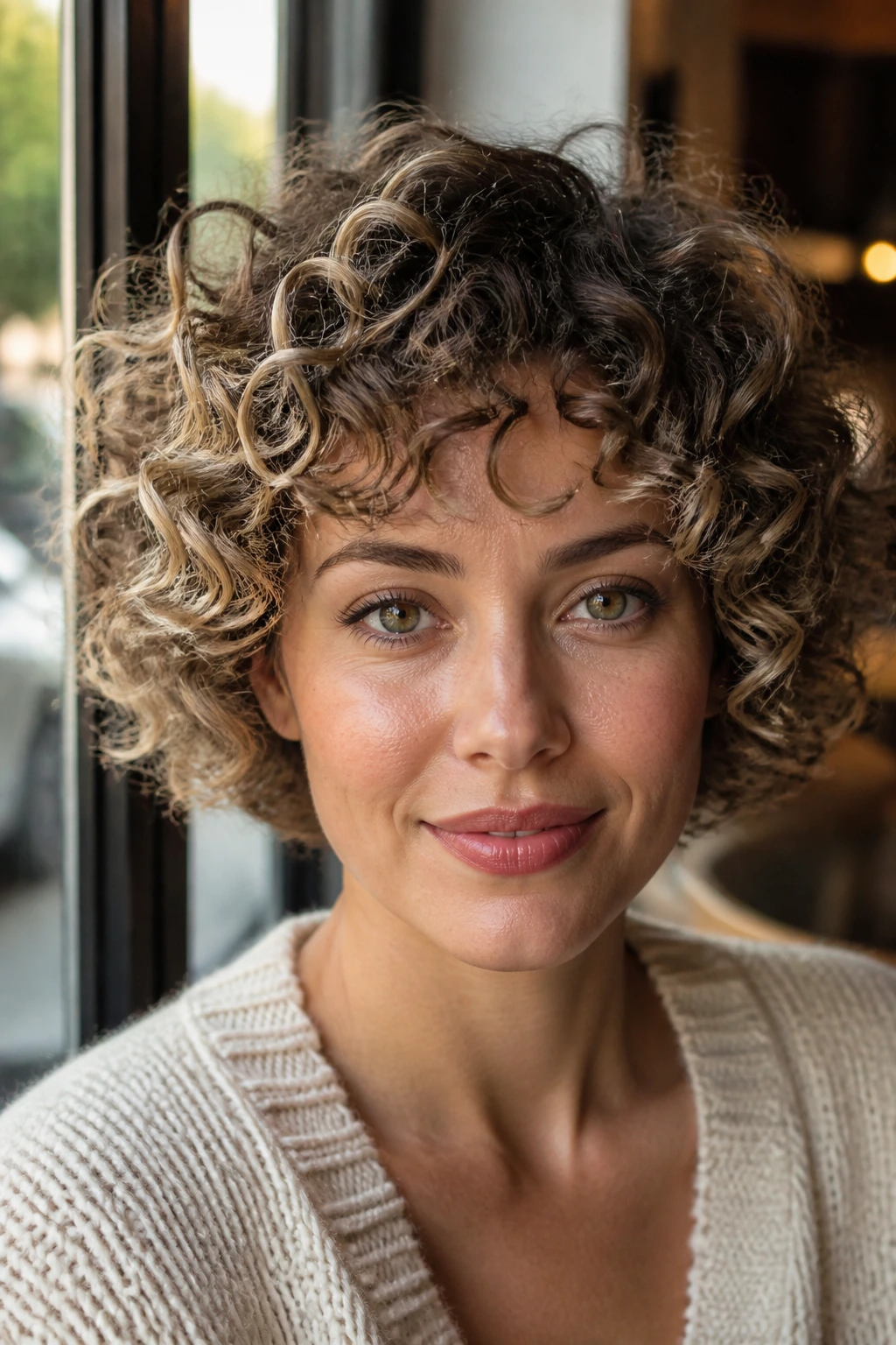 Champagne highlights on short curly bob around temples and crown