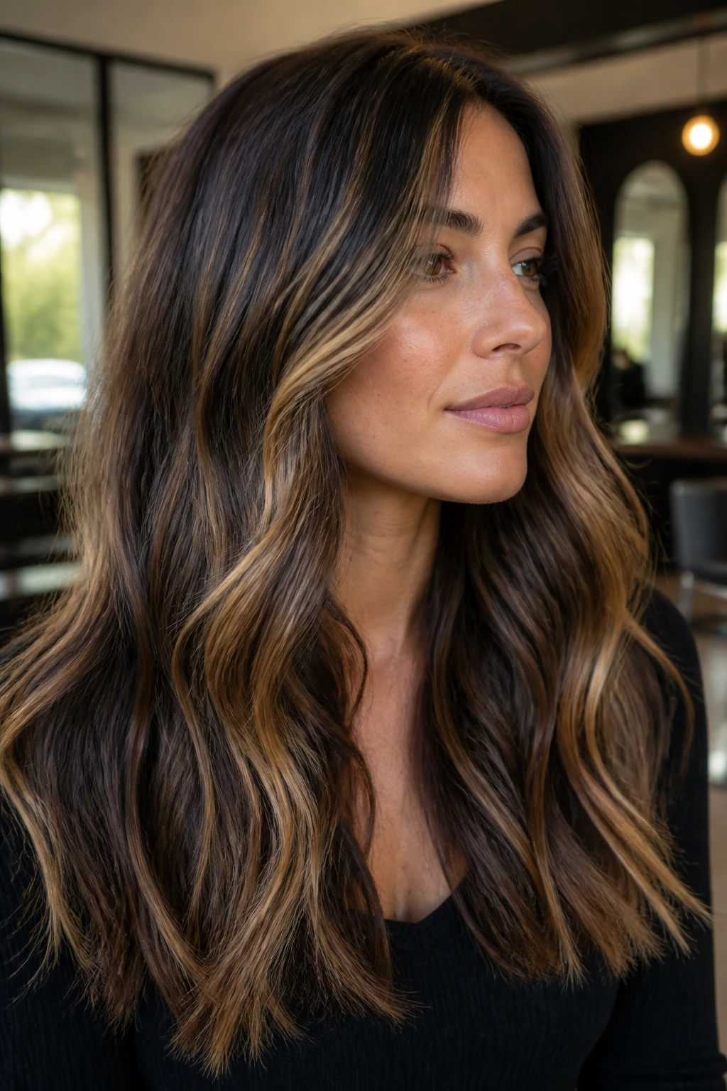 Close-up of a real brunette with champagne highlights in soft salon lighting