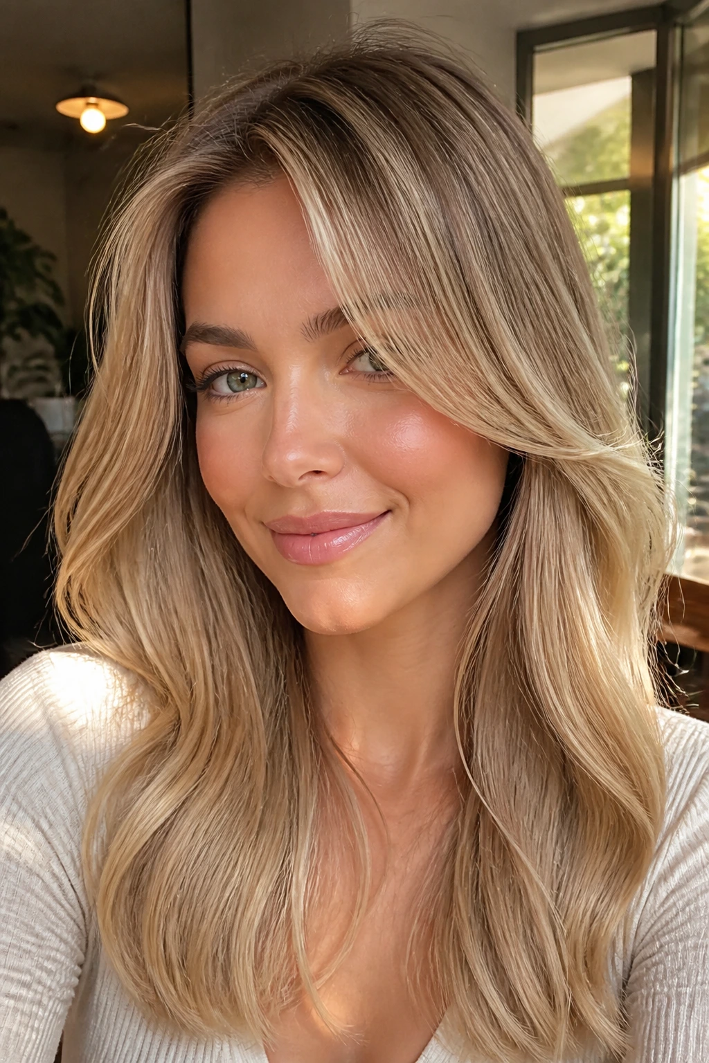 Medium close-up of a real woman with champagne honey blonde hair