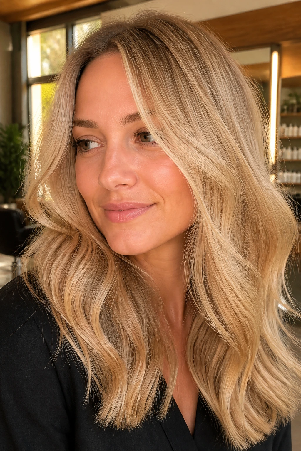Close-up portrait of a real woman with champagne honey blonde hair in warm salon light