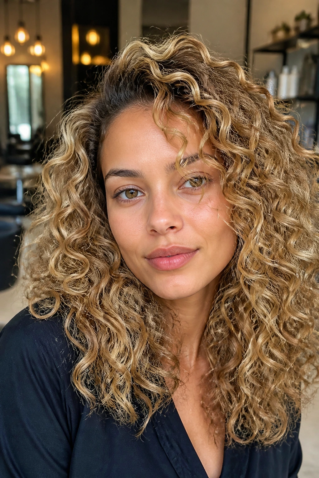 Close-up of champagne honey-toned curls on a real person with soft window light