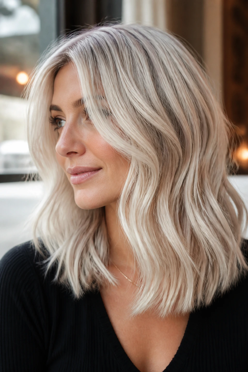 Close-up of a real woman with champagne-ice platinum blend hair