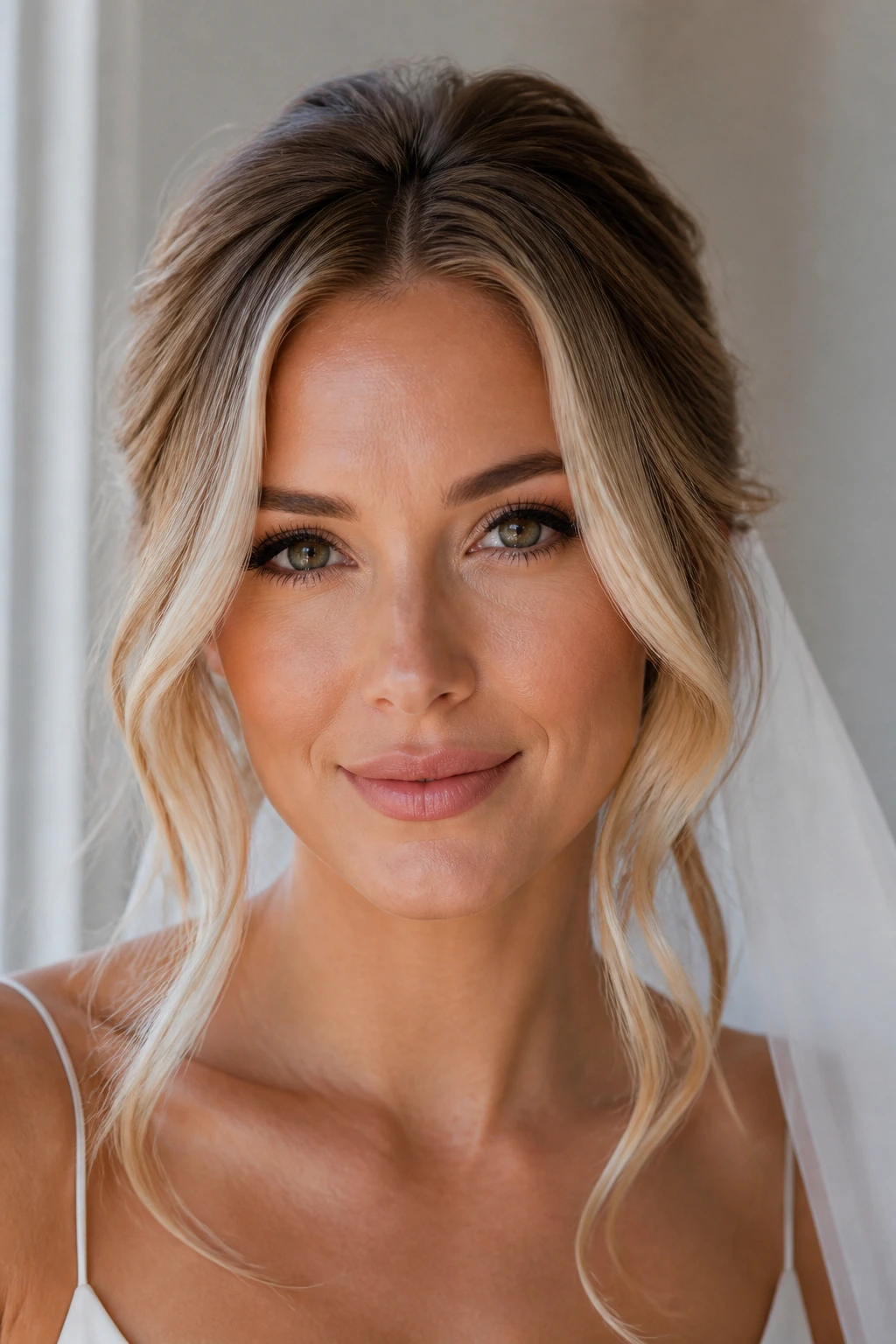 Bride with champagne money-piece blonde framing the face.