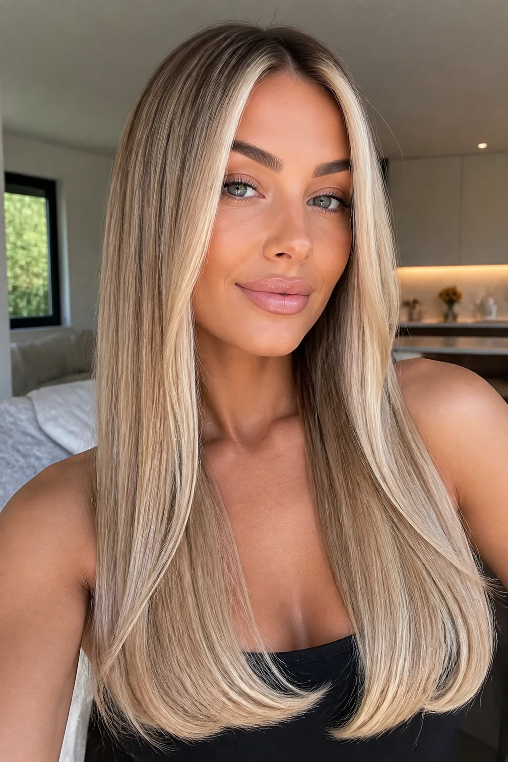 Close-up of champagne money piece on ultra-sleek long straight hair