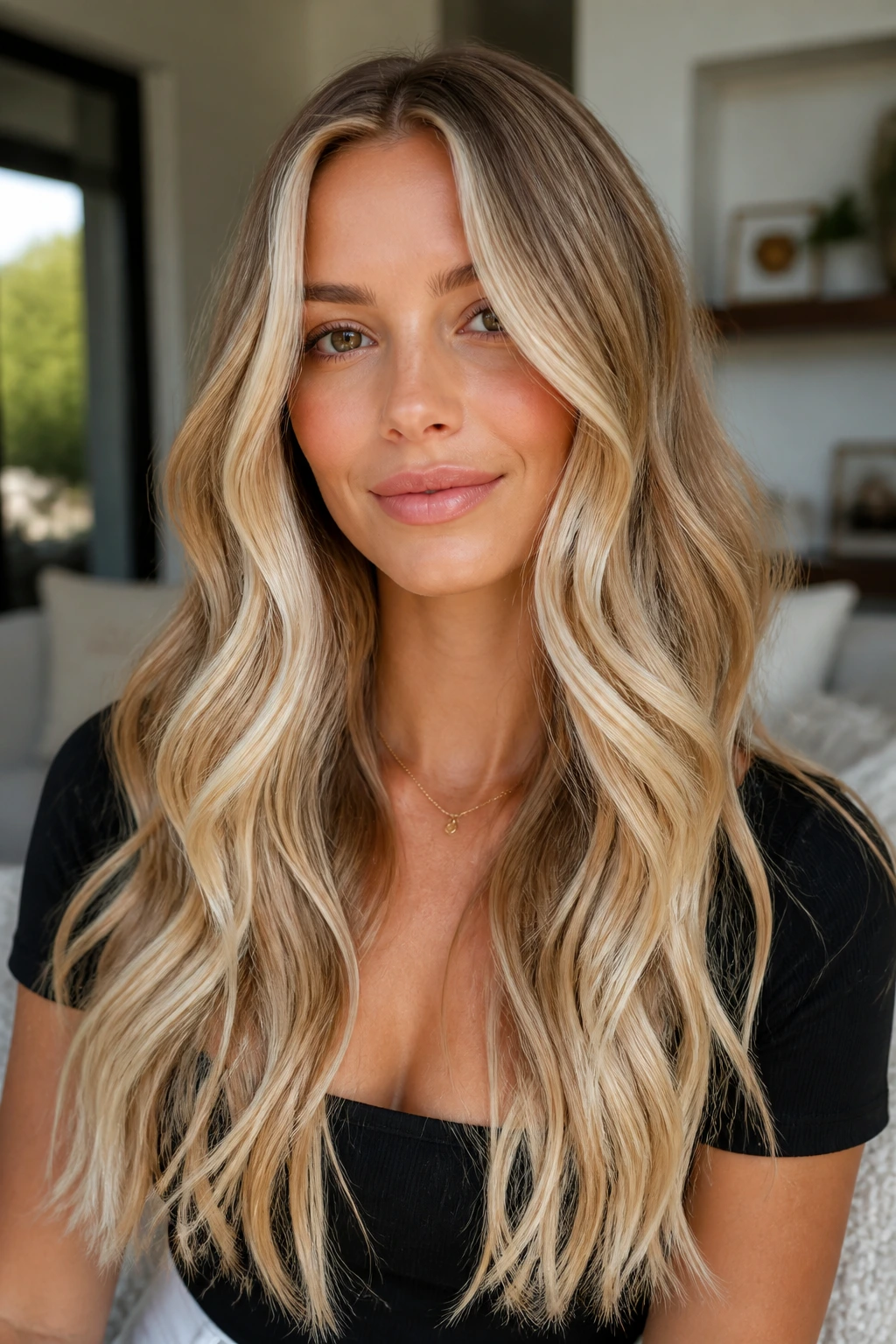 Close-up of a real woman with champagne money-piece waves framing the face