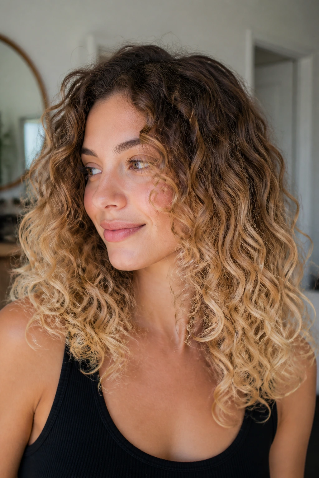Close-up of champagne ombré curls with subtle root shadow