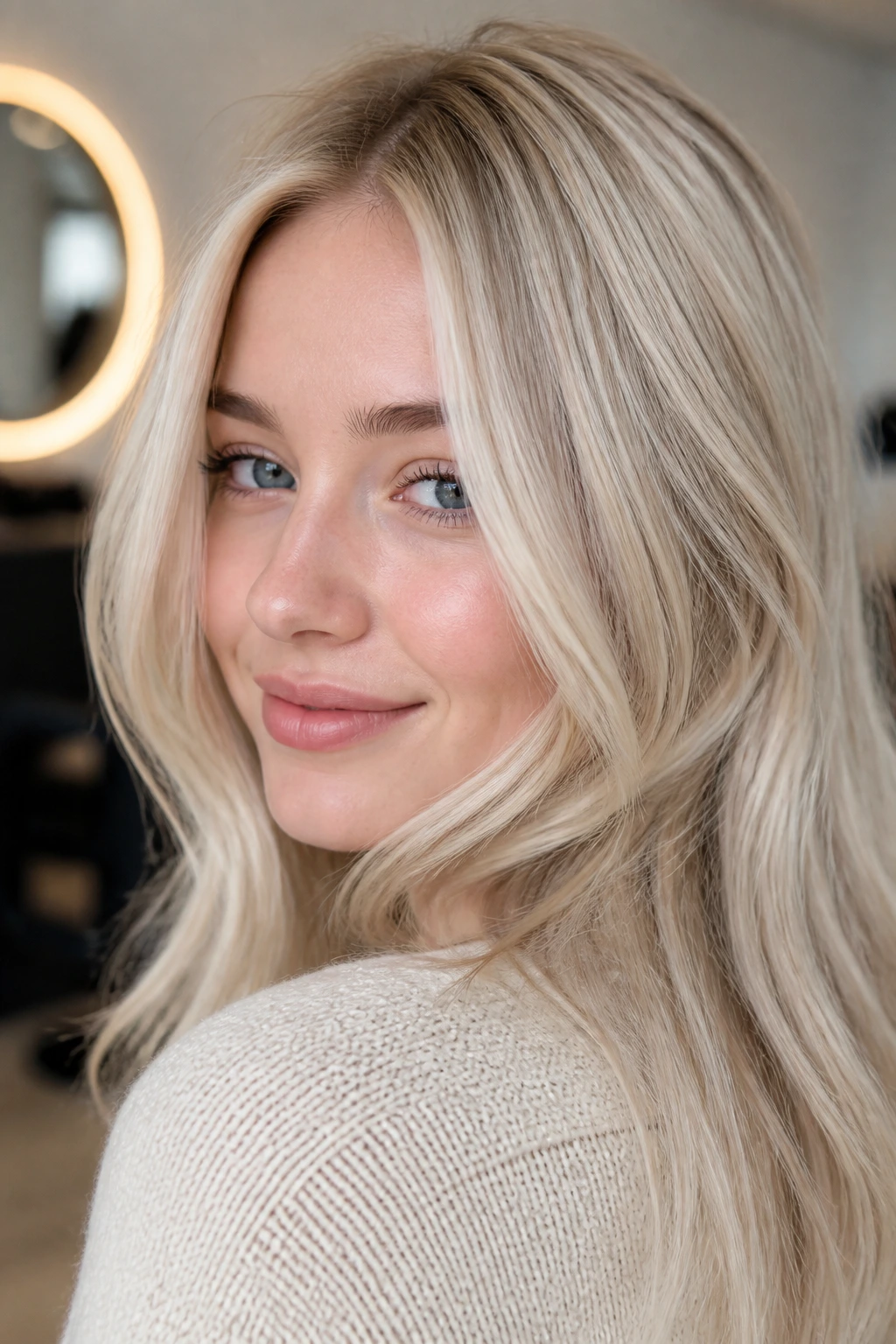 Close-up portrait with champagne pearl babylights and subtle dimension