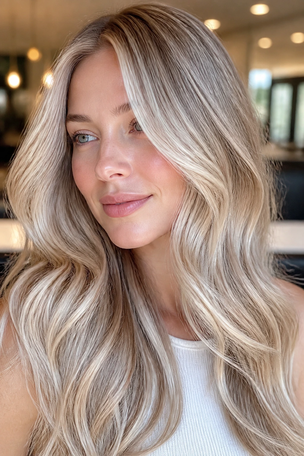 Close-up of a real woman with champagne pearl balayage and soft glow