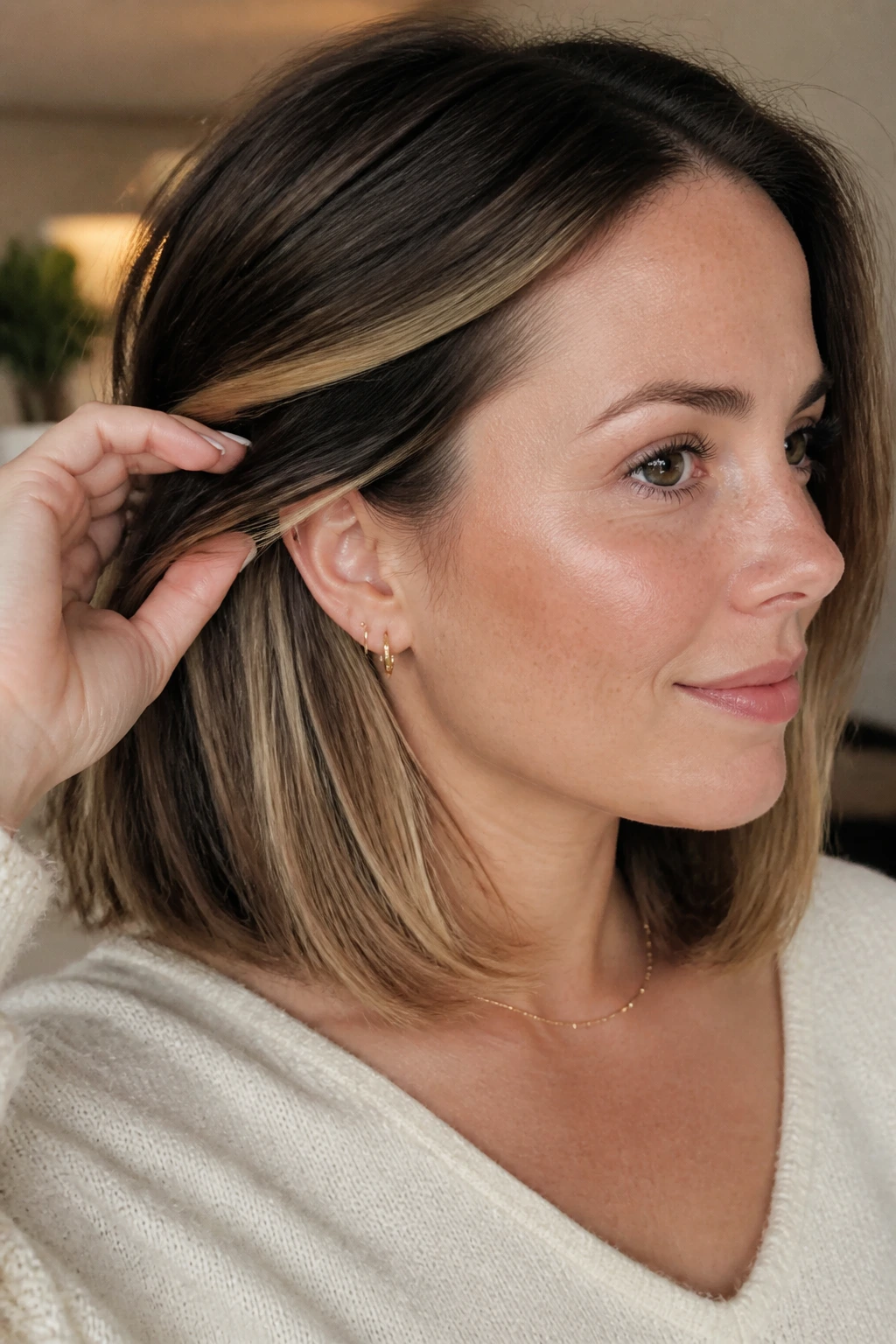 Close-up of hair with champagne peekaboo highlights hidden under the top layer
