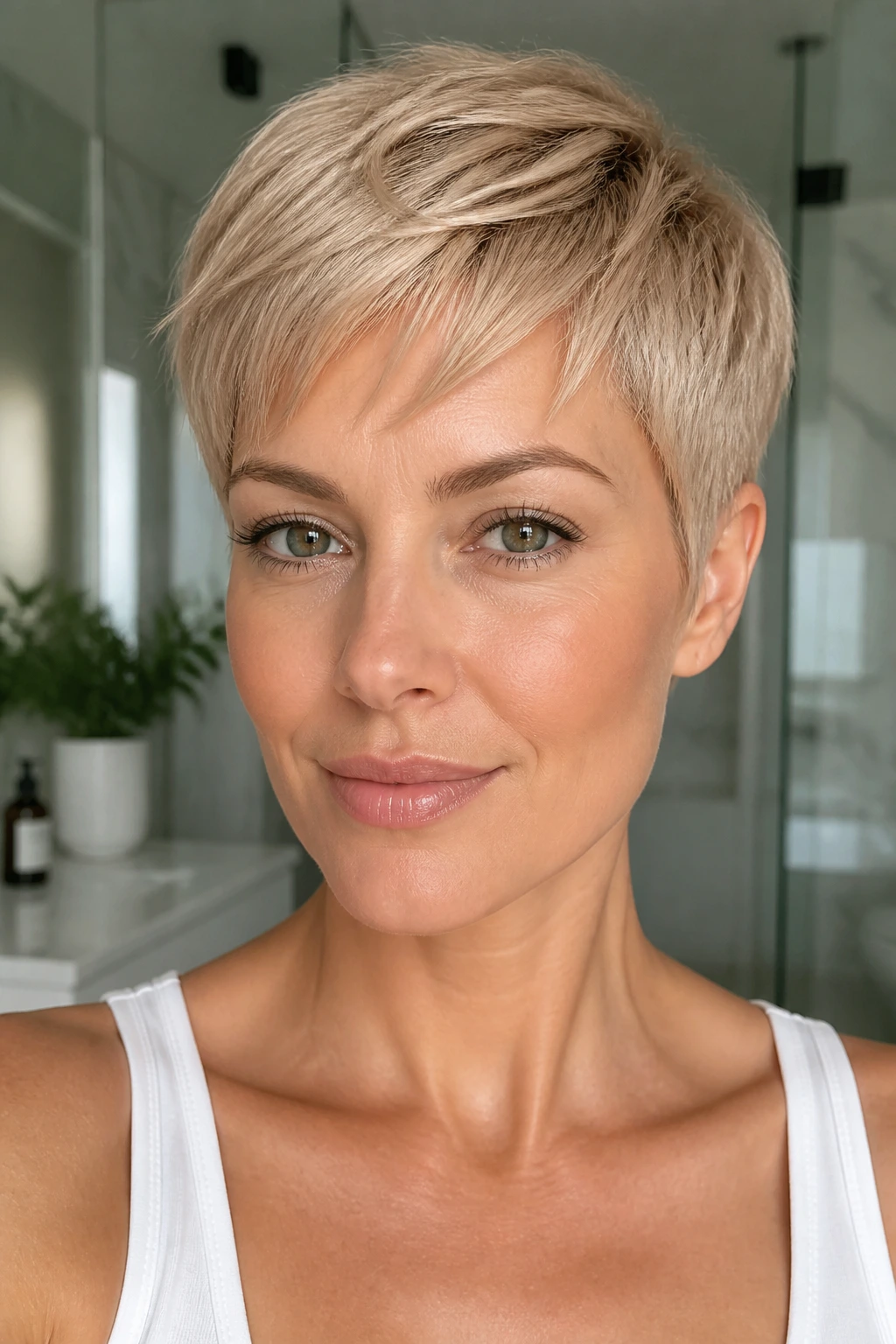 Close-up of a woman with champagne pixie crop in bright light