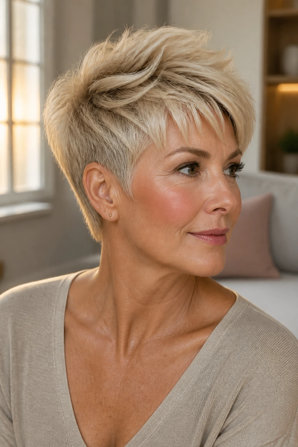 Close-up of a real woman with champagne pixie and longer crown under warm window light