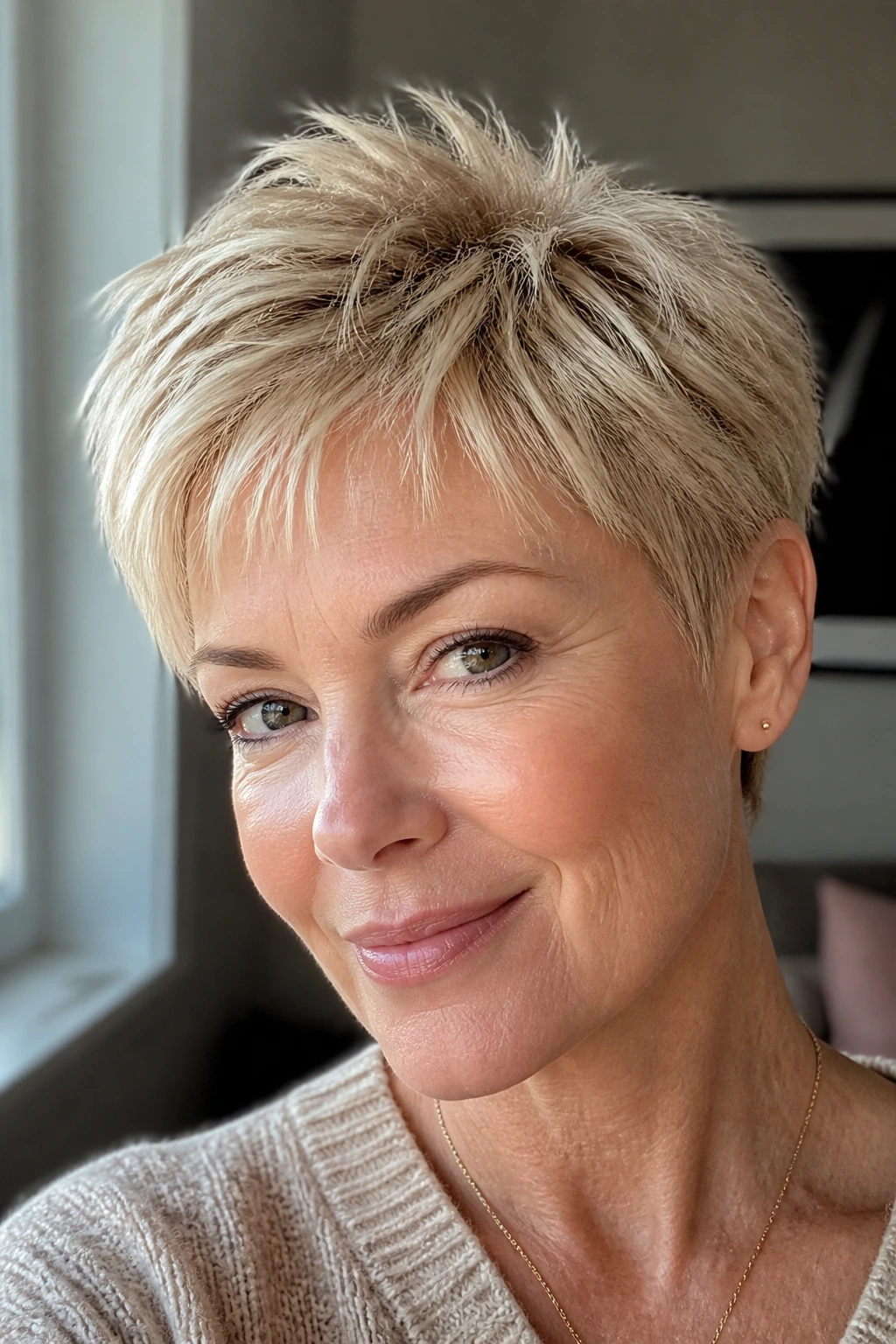 Close-up portrait of a woman with champagne blonde pixie and feathered crown.