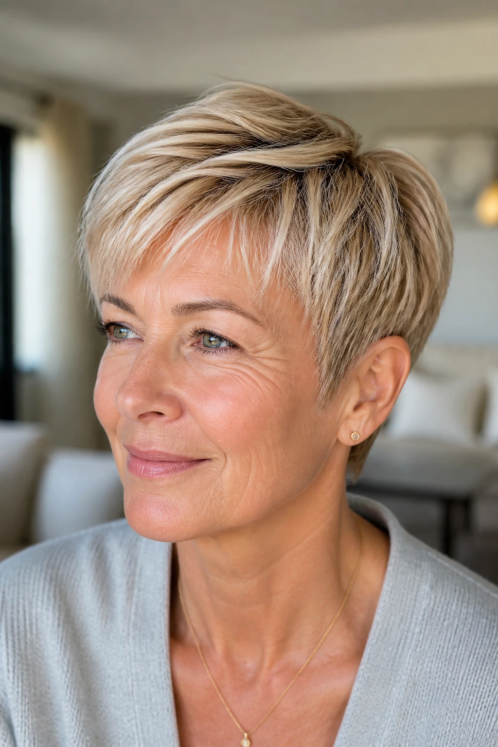 Close-up portrait of a woman with champagne blonde pixie pieces around the crown and fringe