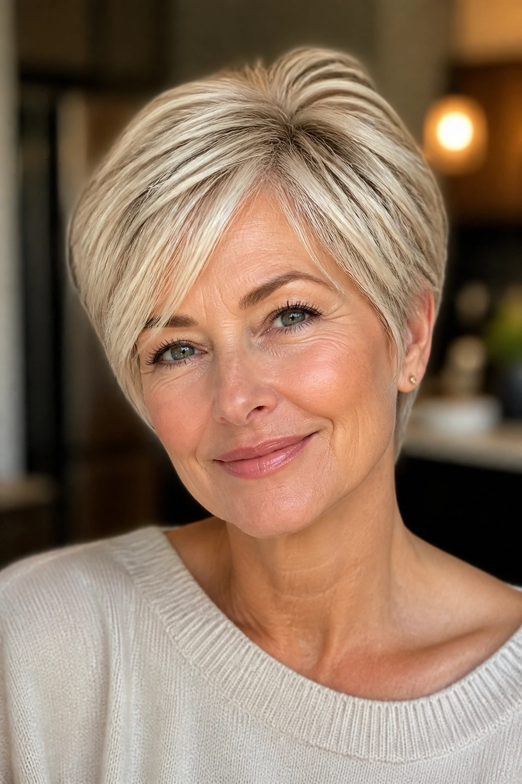 Portrait of a real woman with champagne-to-platinum brightness at the crown on short hair.