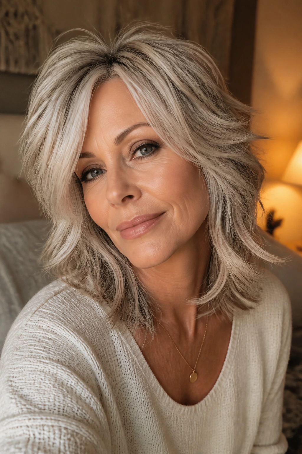 Close-up of a real woman with champagne platinum wolf cut and lowlights.