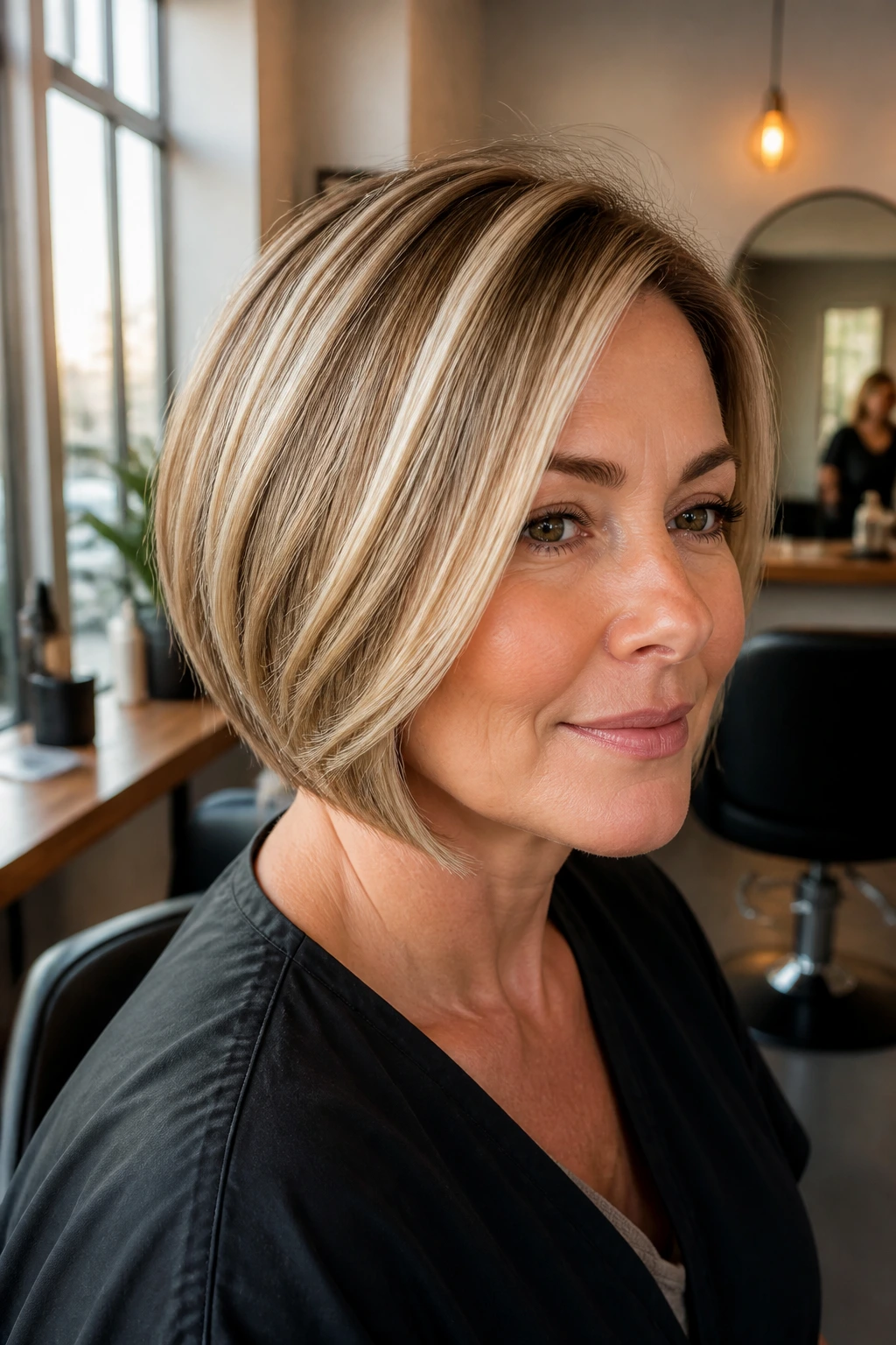 Real woman with champagne ribbon highlights in a chin-length bob, soft lighting.