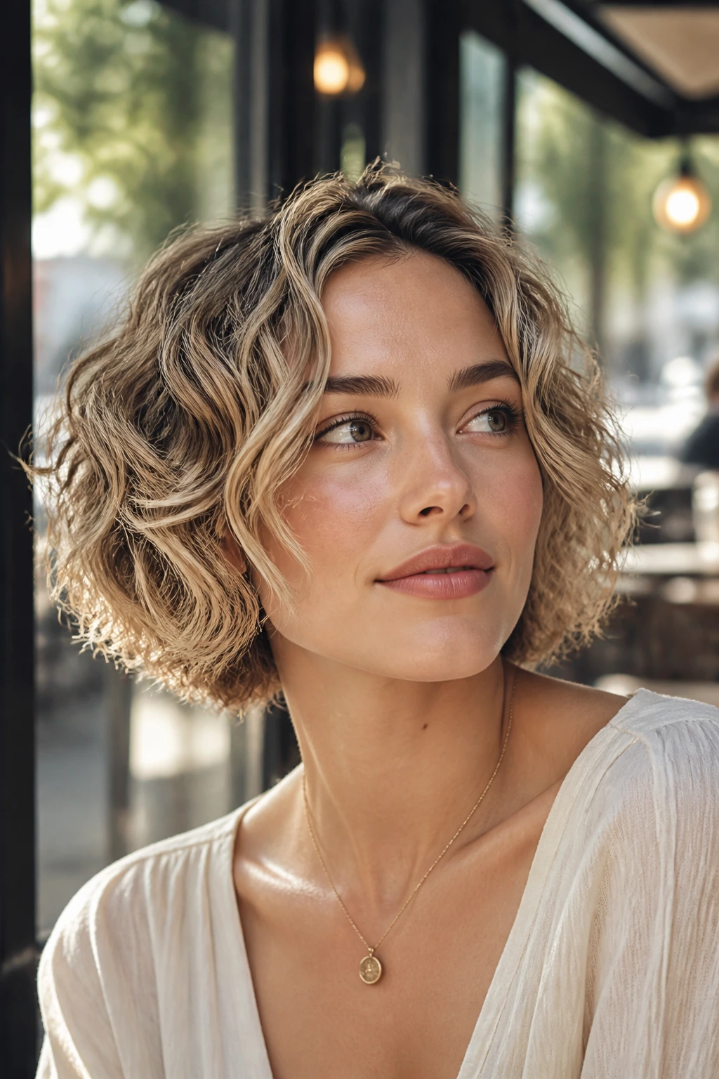 Close-up of a real woman with champagne ribbon highlights in a short bob, soft bend at ends