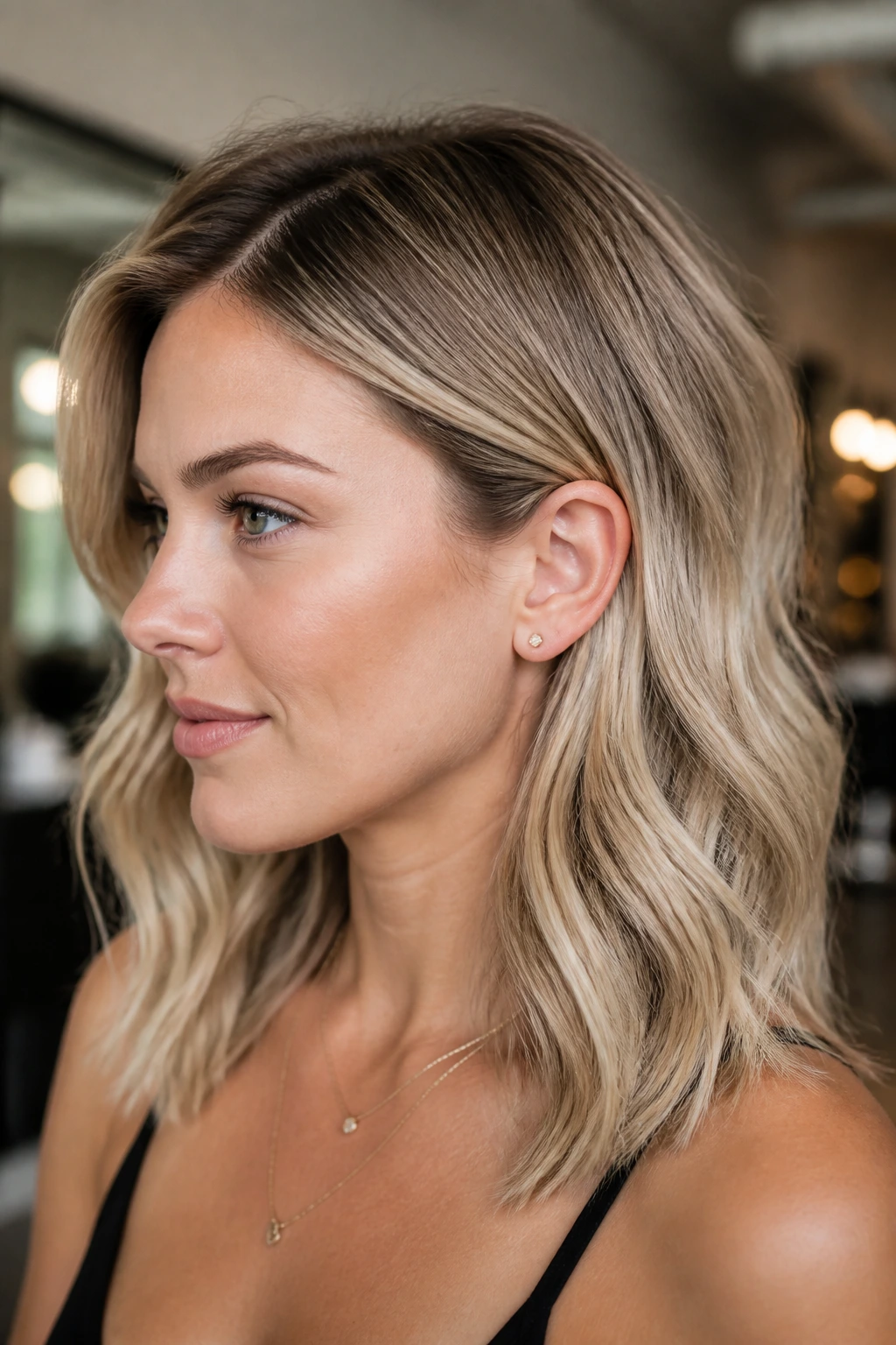 Close-up portrait of a real woman with champagne root melt on midlength hair