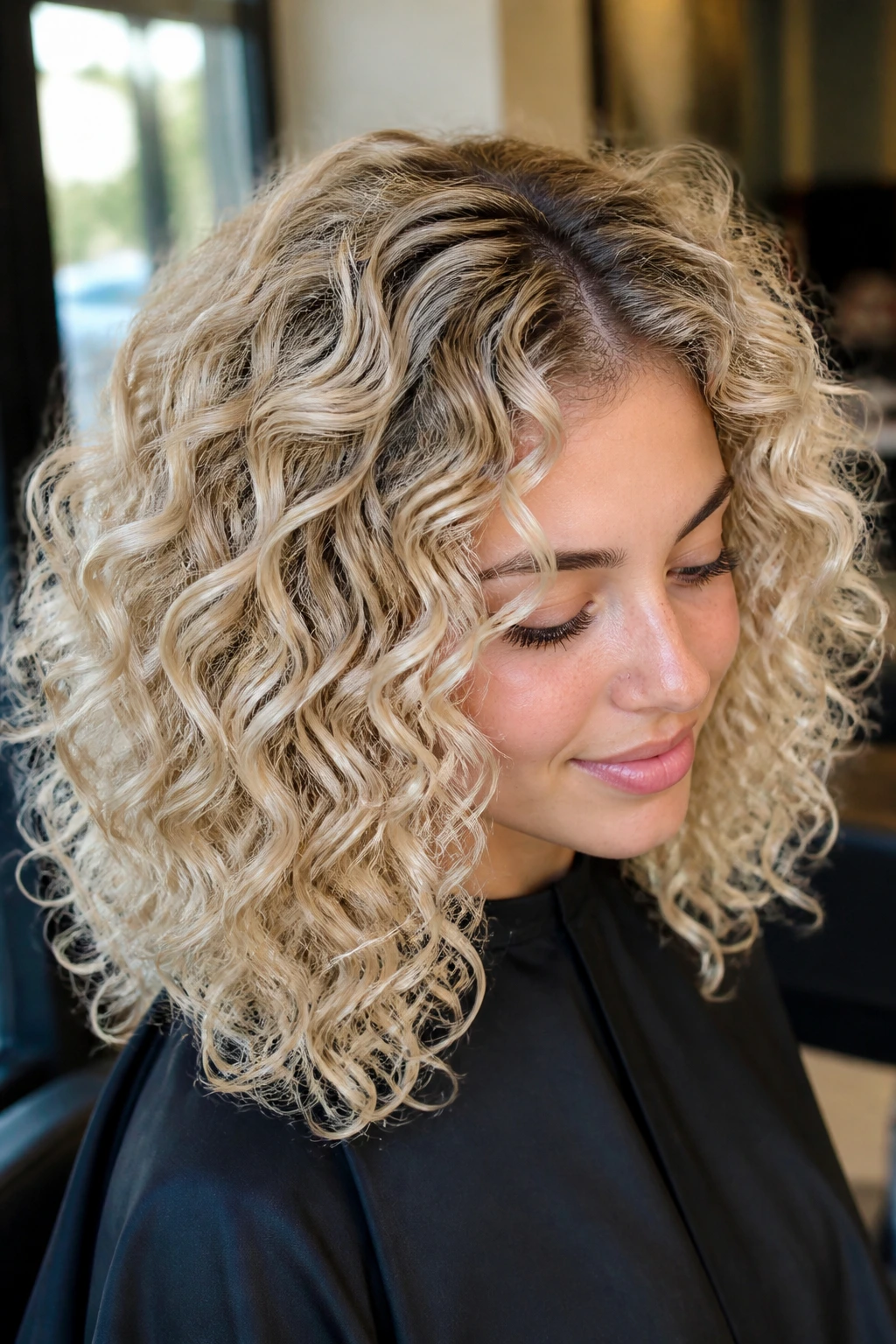 Close-up of a real woman with champagne root shadow on curly hair, showcasing depth and dimension