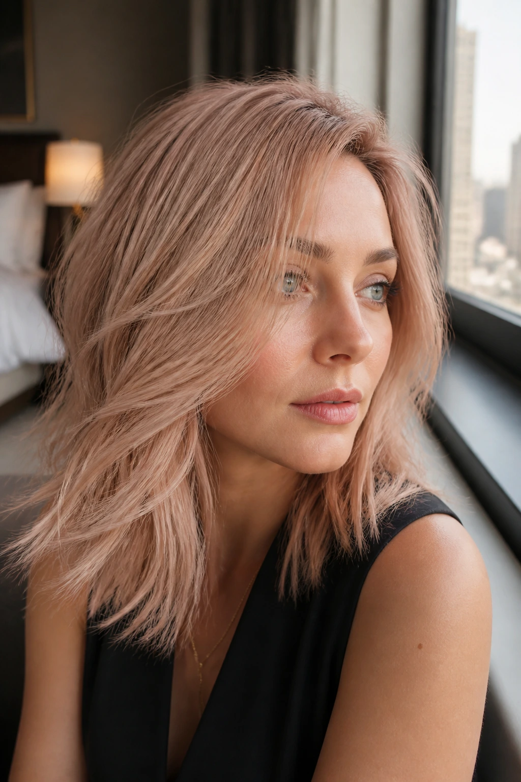 Real woman with champagne rose blonde hair and subtle pink-beige tint in soft light